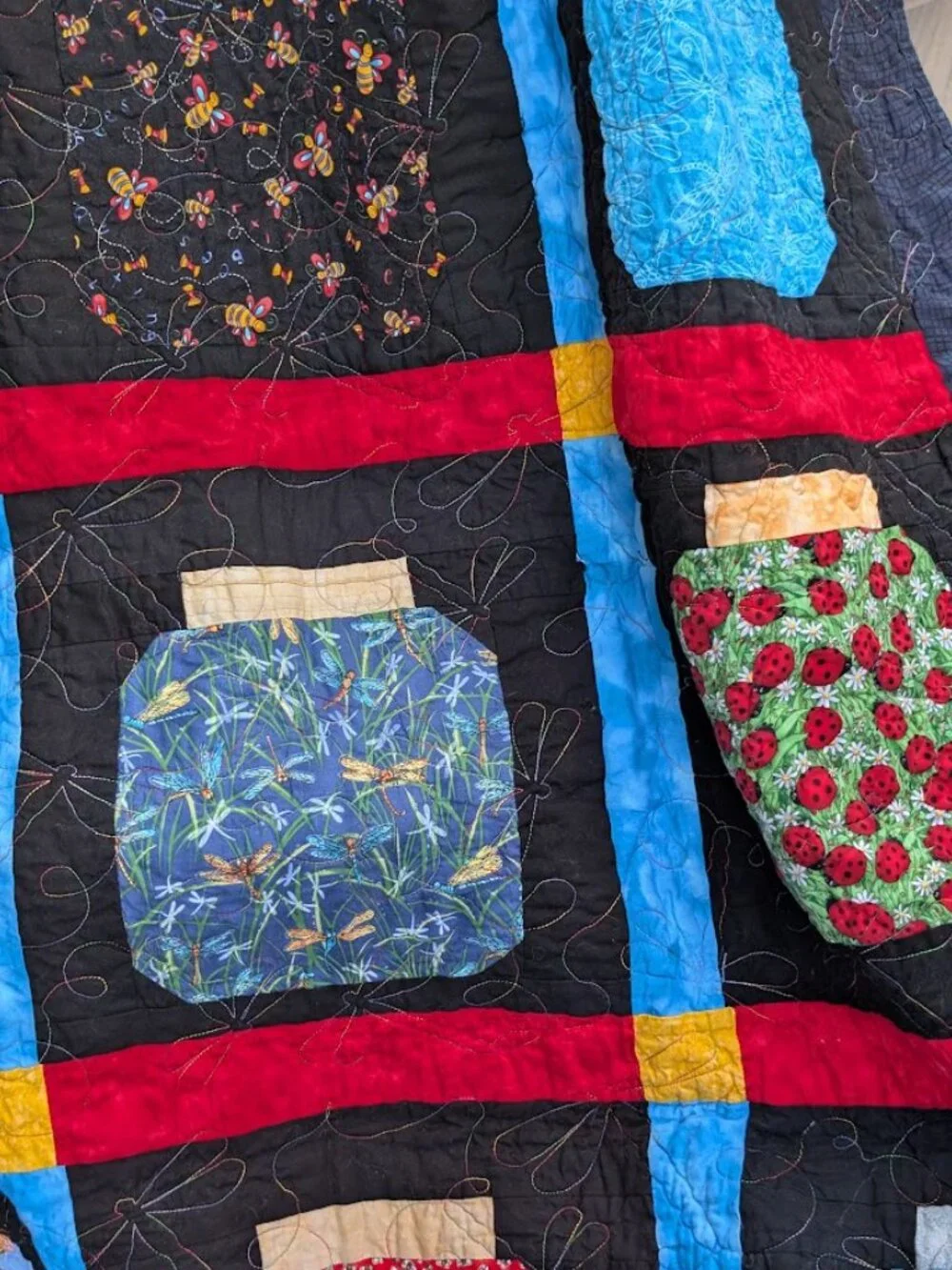 Bug Collection in Jars Quilt Black & Vibrant Colors 56 x 44
